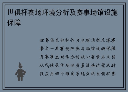 世俱杯赛场环境分析及赛事场馆设施保障