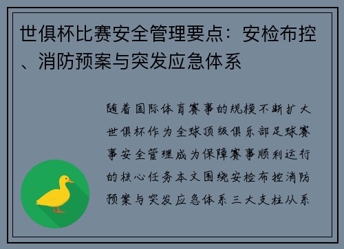 世俱杯比赛安全管理要点：安检布控、消防预案与突发应急体系