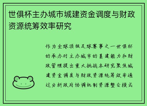 世俱杯主办城市城建资金调度与财政资源统筹效率研究